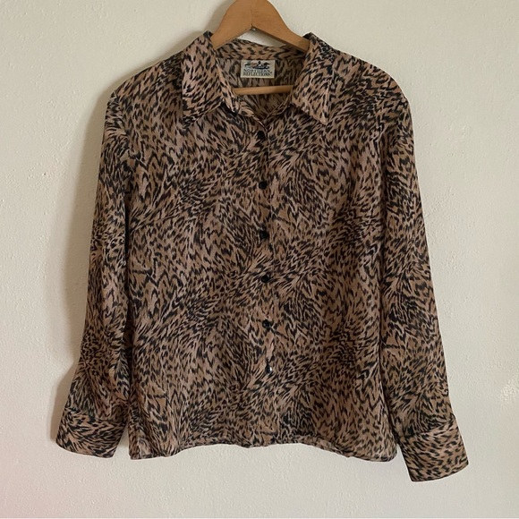 Vintage 90s Northern Reflections Brown/Black Animal Print Button Up Top - Picture 1 of 4